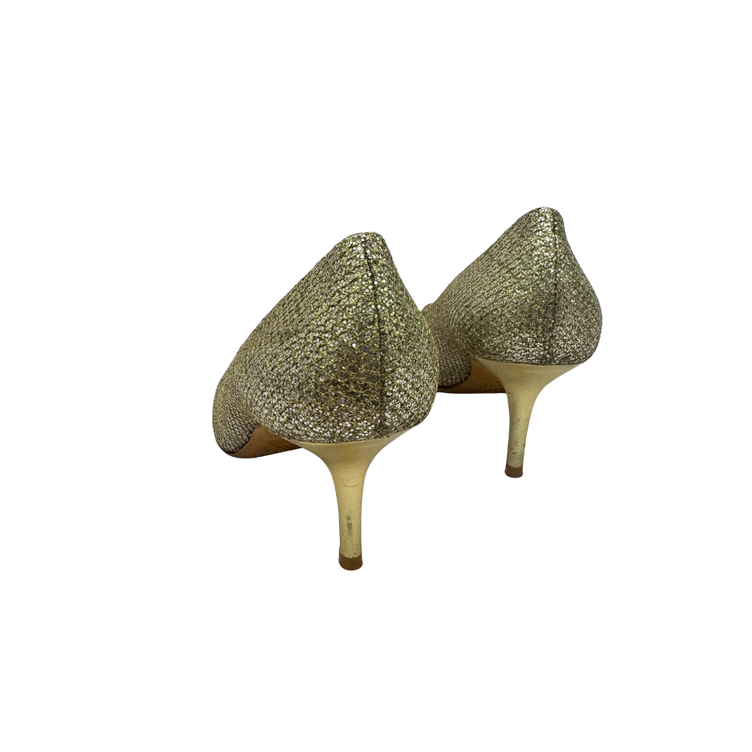 Jimmy Choo Romy 85 Pumps in Gold Glitter with Metallic Toe, Size 40
