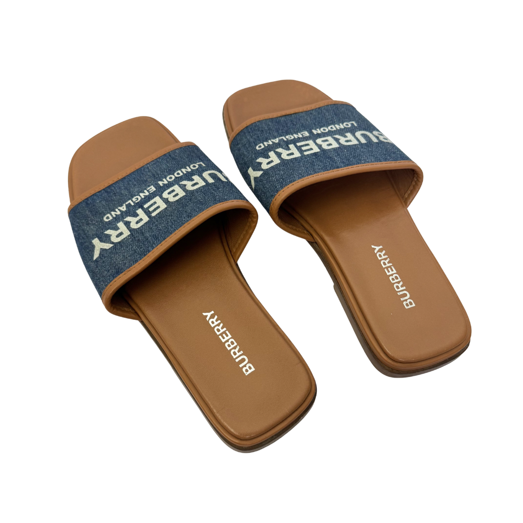 Burberry Check Denim Slides in Blue, Size 36