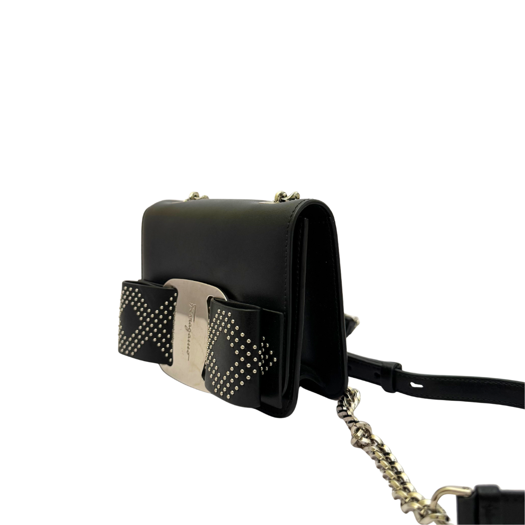 Salvatore Ferragamo Mini Vara Bow Crossbody Bag in Black Studded Leather