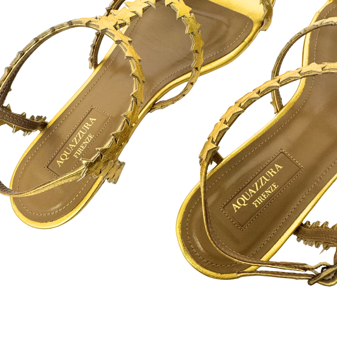 Aquazzura Starlight Gold Metallic Leather Sandals - Size 36.5
