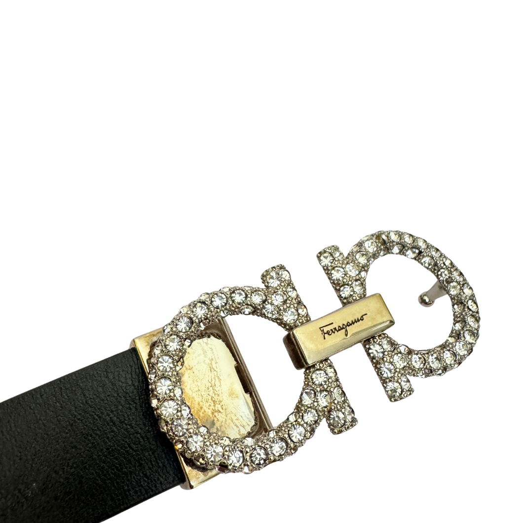 Salvatore Ferragamo Gancini Crystal Belt in Black Leather, Size 75cm