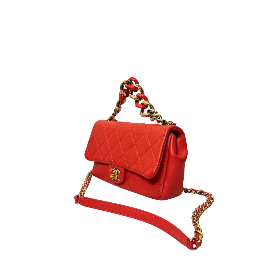 Chanel Flap Bag with Chunky Resin-Link Chain in Coral Red Lambskin