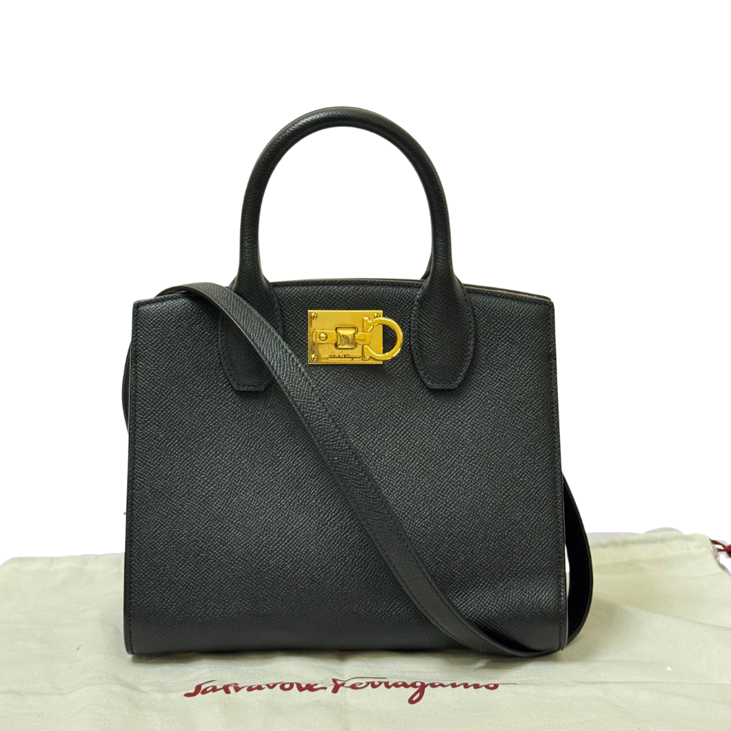 Salvatore Ferragamo Studio Box Mini Tote in Black Leather
