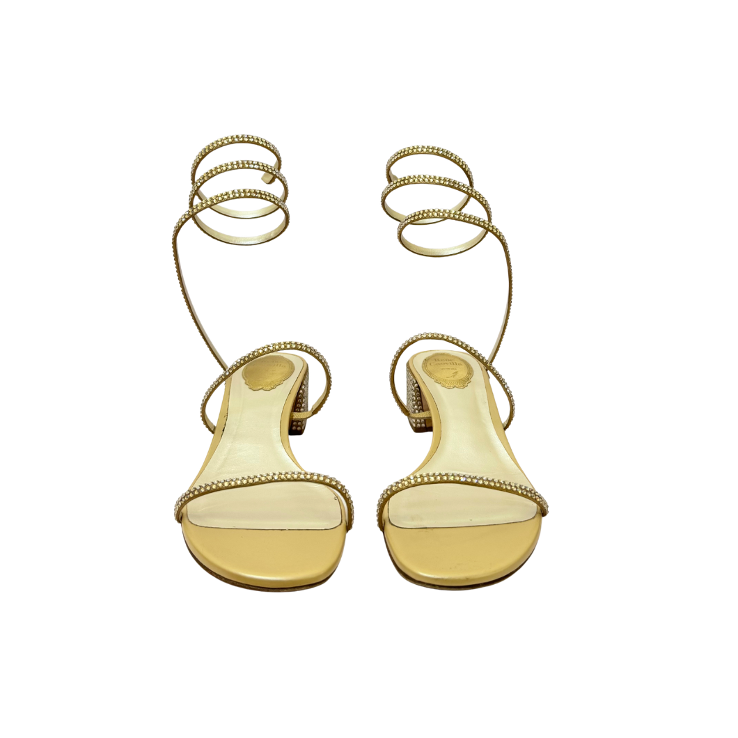 René Caovilla Cleo Crystal Sandals in Gold, Size 39