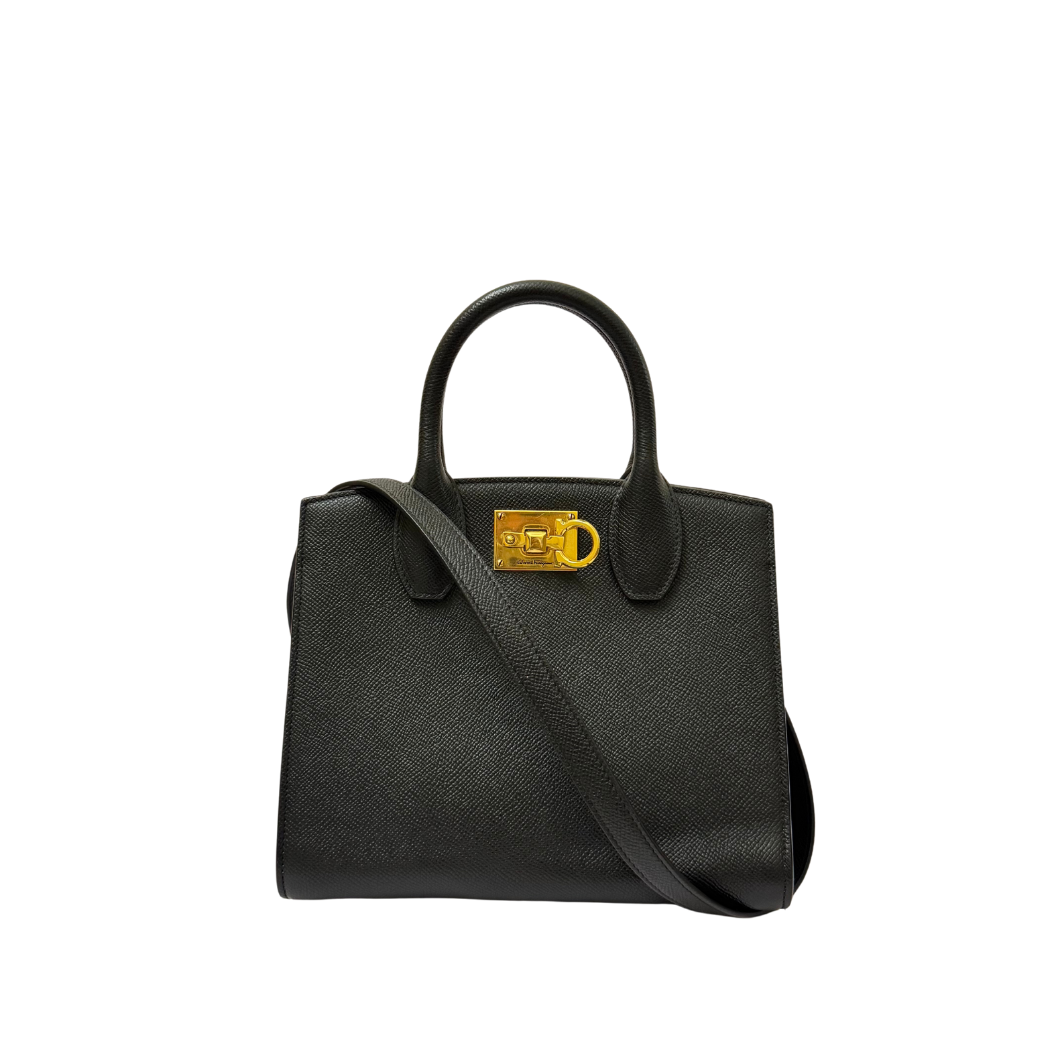 Salvatore Ferragamo Studio Box Mini Tote in Black Leather