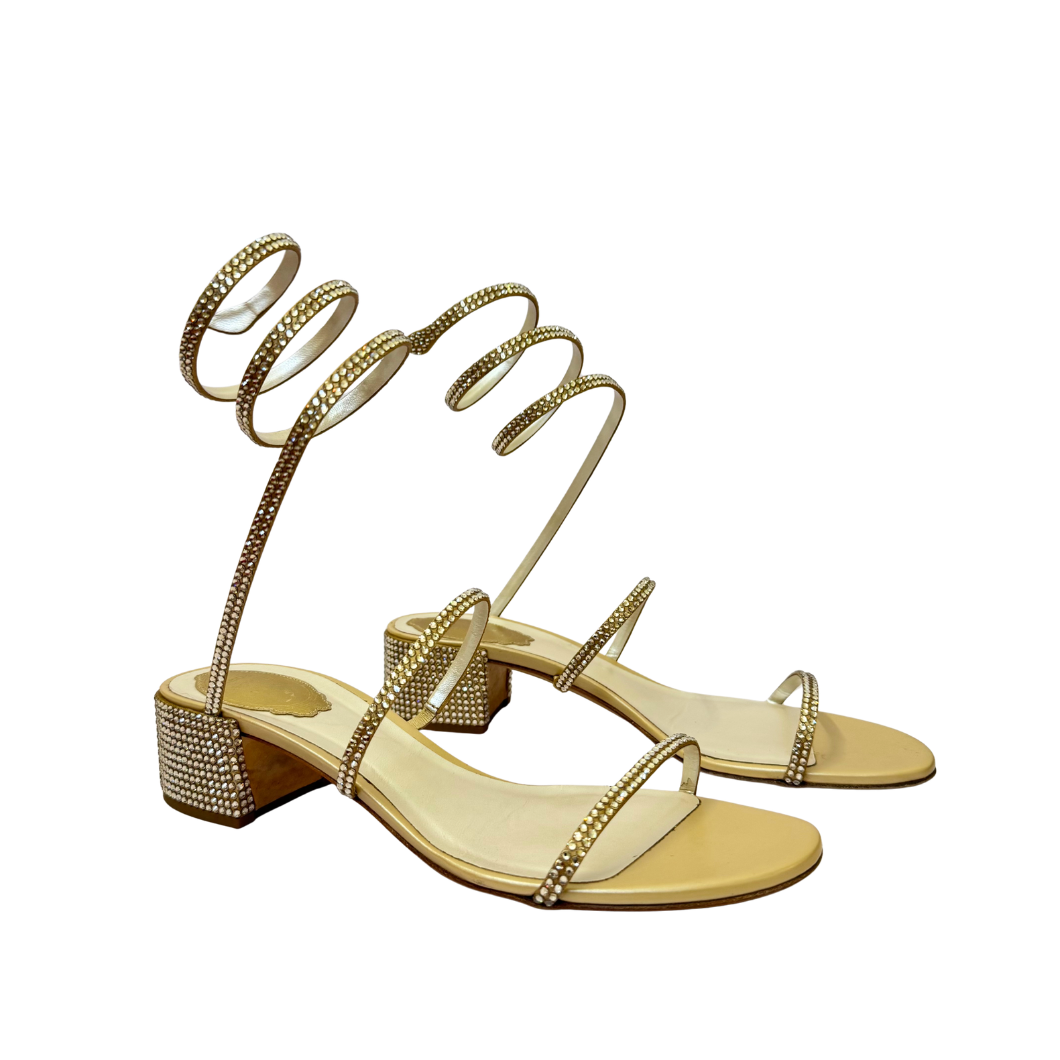René Caovilla Cleo Crystal Sandals in Gold, Size 39