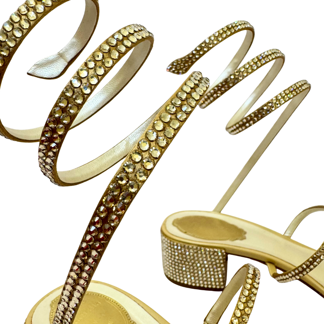René Caovilla Cleo Crystal Sandals in Gold, Size 39