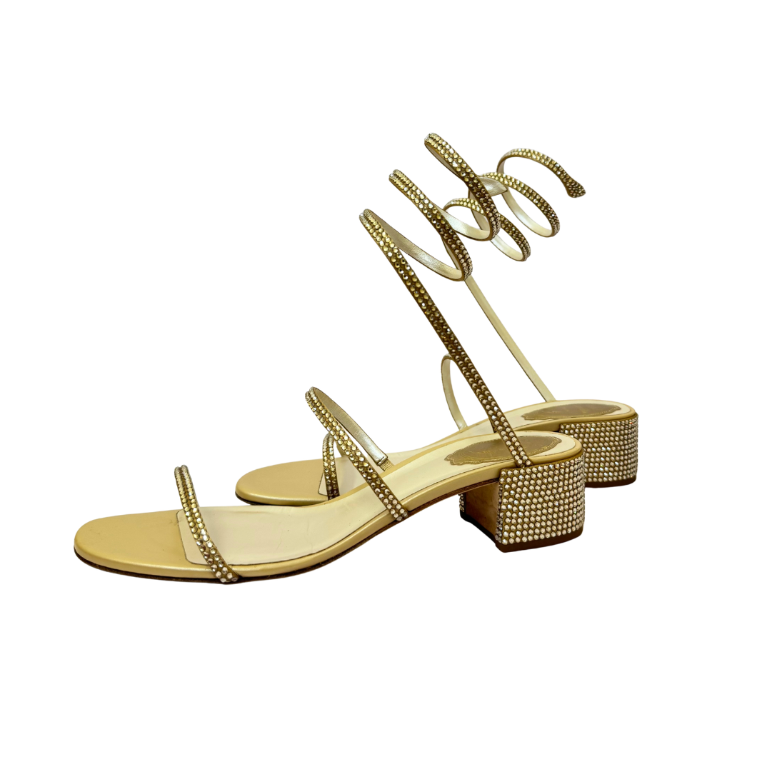 René Caovilla Cleo Crystal Sandals in Gold, Size 39