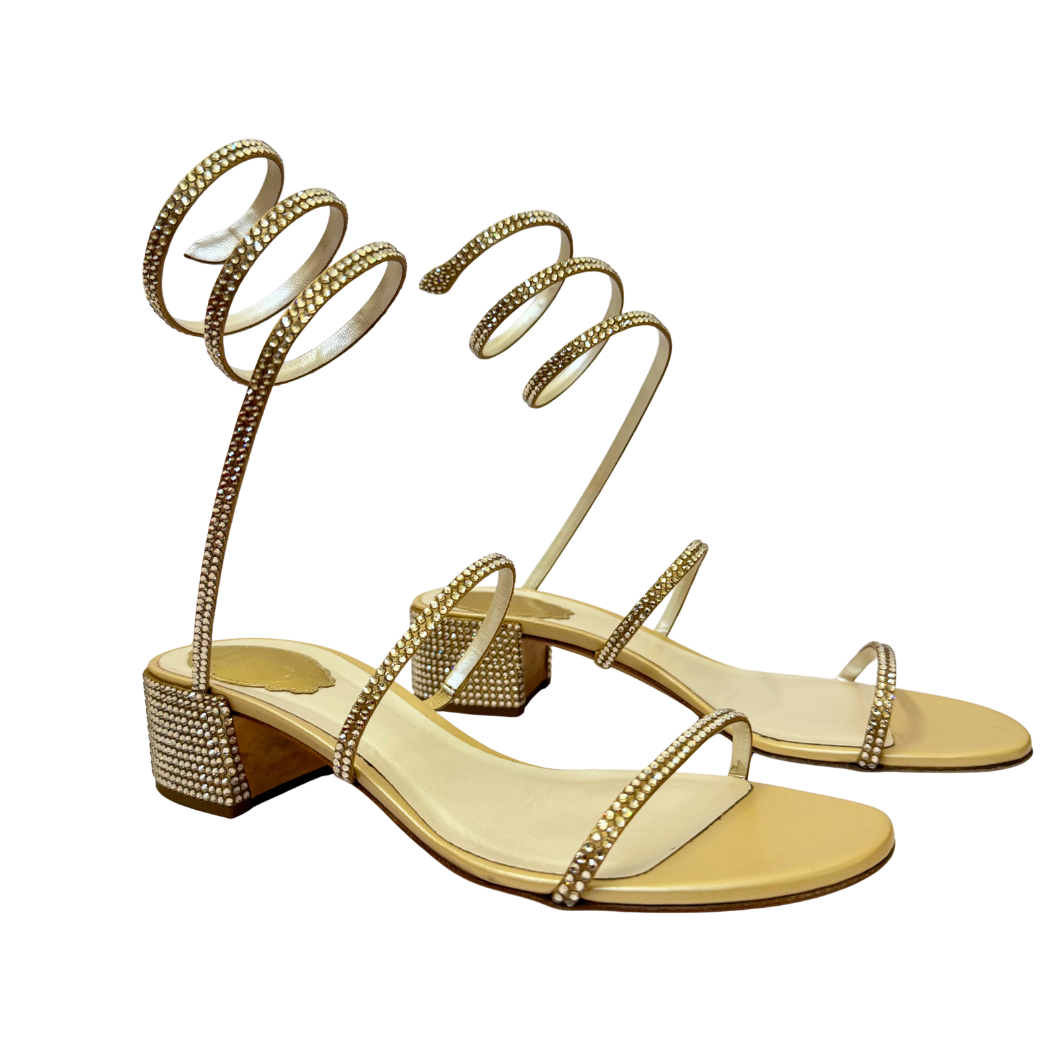 René Caovilla Cleo Crystal Sandals in Gold, Size 39