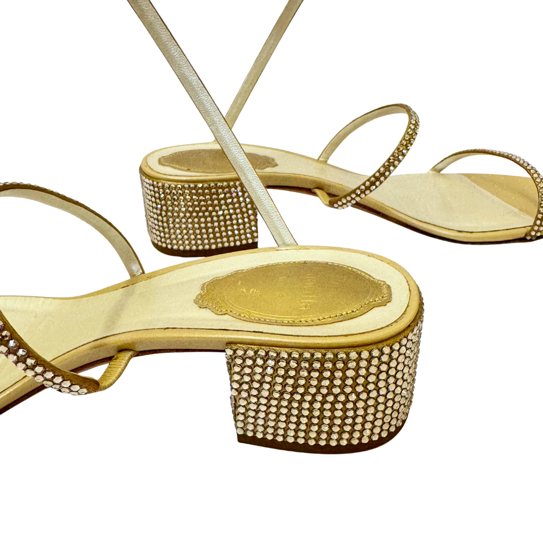 René Caovilla Cleo Crystal Sandals in Gold, Size 39