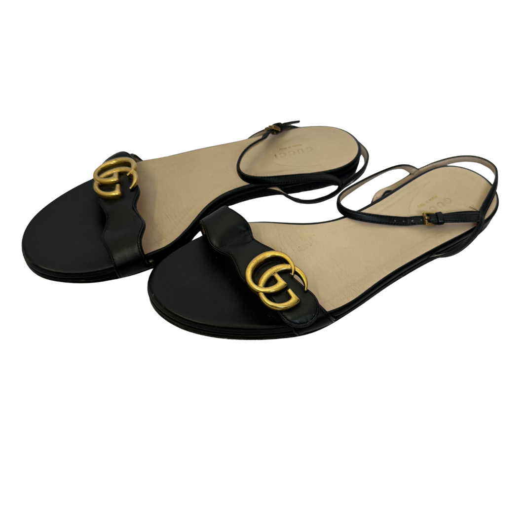 Gucci GG Marmont Flat Sandals in Black Leather - Size 39