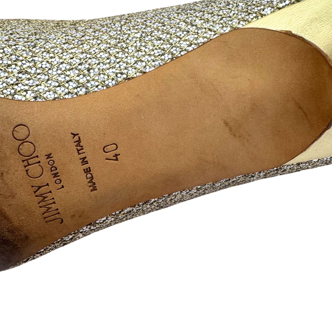 Jimmy Choo Romy 85 Pumps in Gold Glitter with Metallic Toe, Size 40