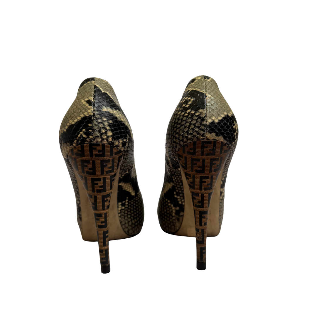 Fendi Brown Python Embossed Leather Peeptoes - Size 37