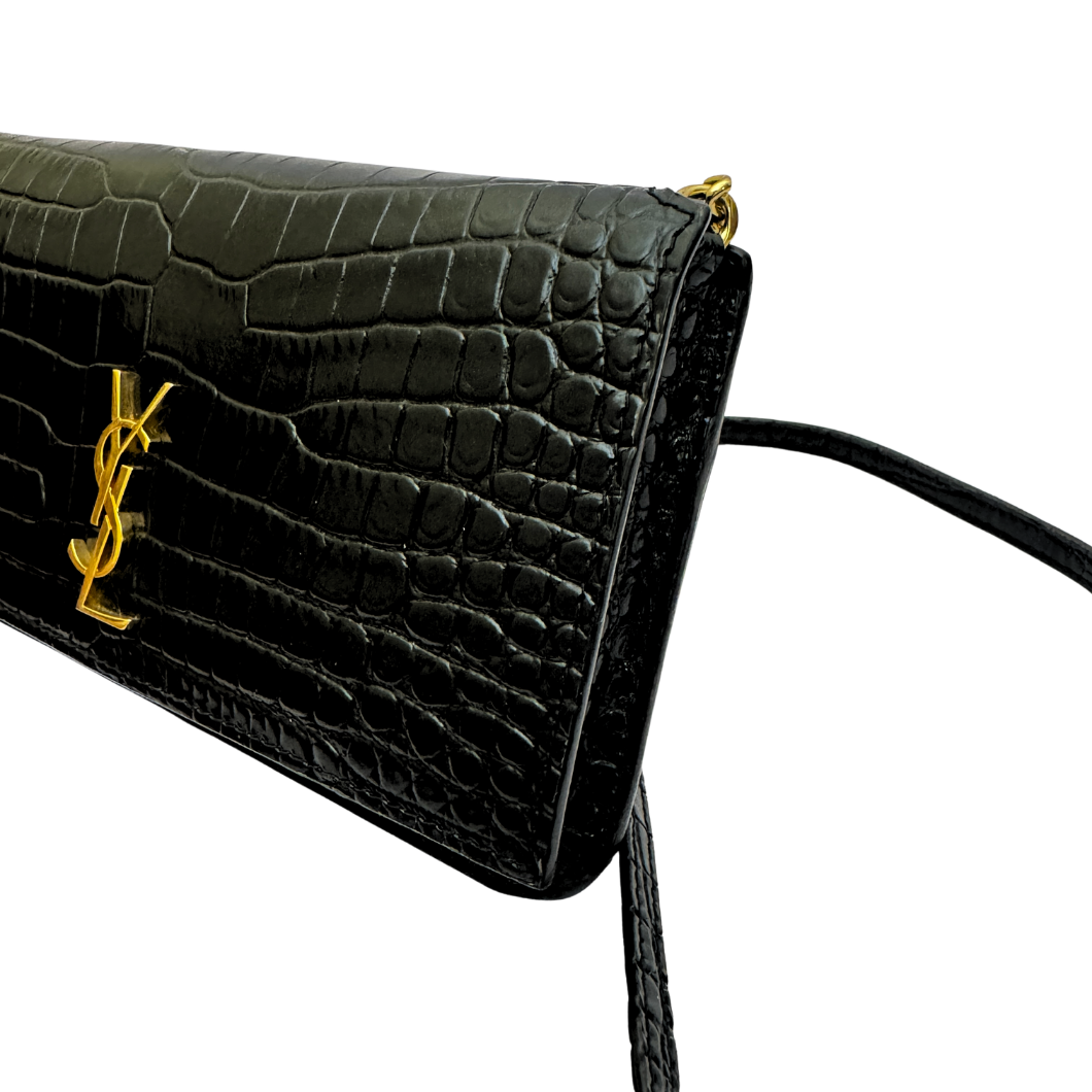 Saint Laurent Cassandre Phone Holder on Chain in Black Crocodile-Embossed Leather