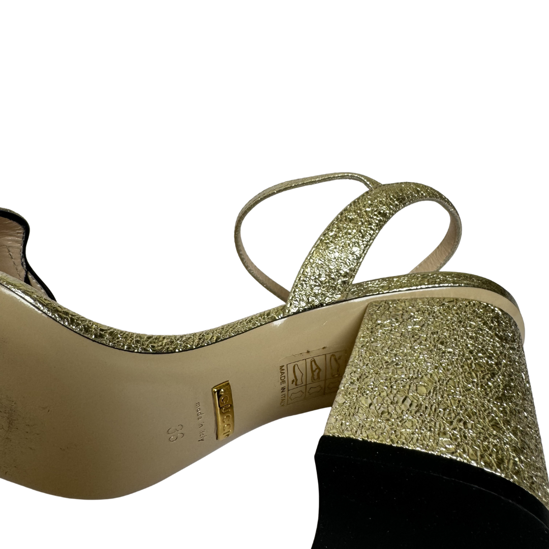 Gucci GG Gold Leather Scalloped Accent Sandals - Size 36
