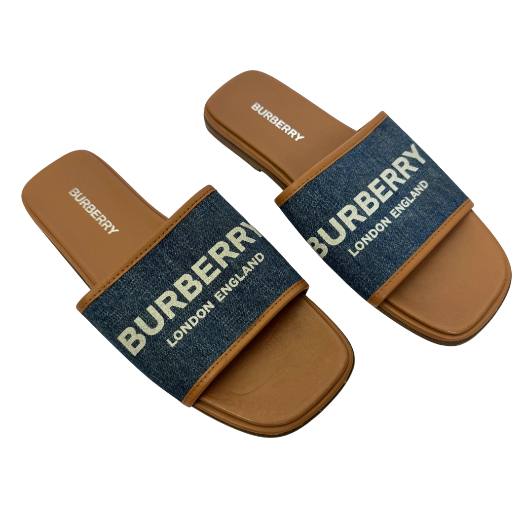 Burberry Check Denim Slides in Blue, Size 36