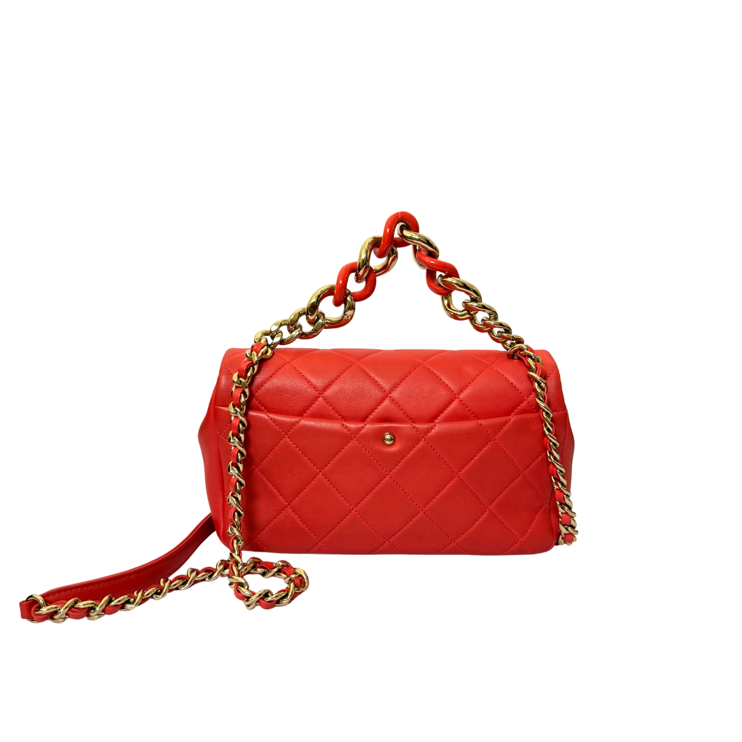 Chanel Flap Bag with Chunky Resin-Link Chain in Coral Red Lambskin