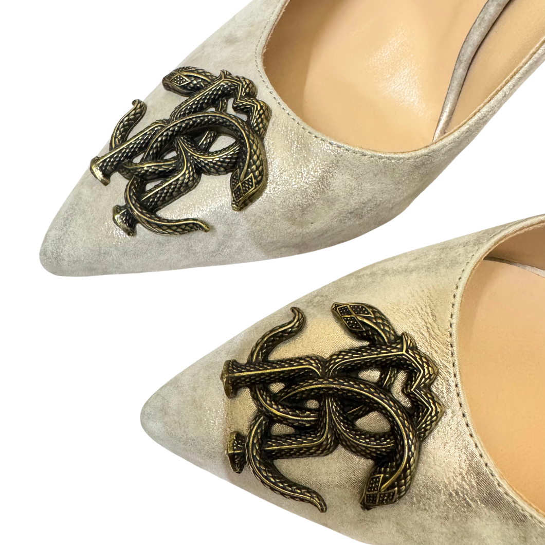 Roberto Cavalli Snake Logo Pumps in Grey Suede, Size 39