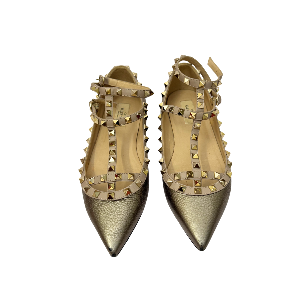Valentino Garavani Rockstud Caged Ballet Flats in Metallic Pewter, Size 39
