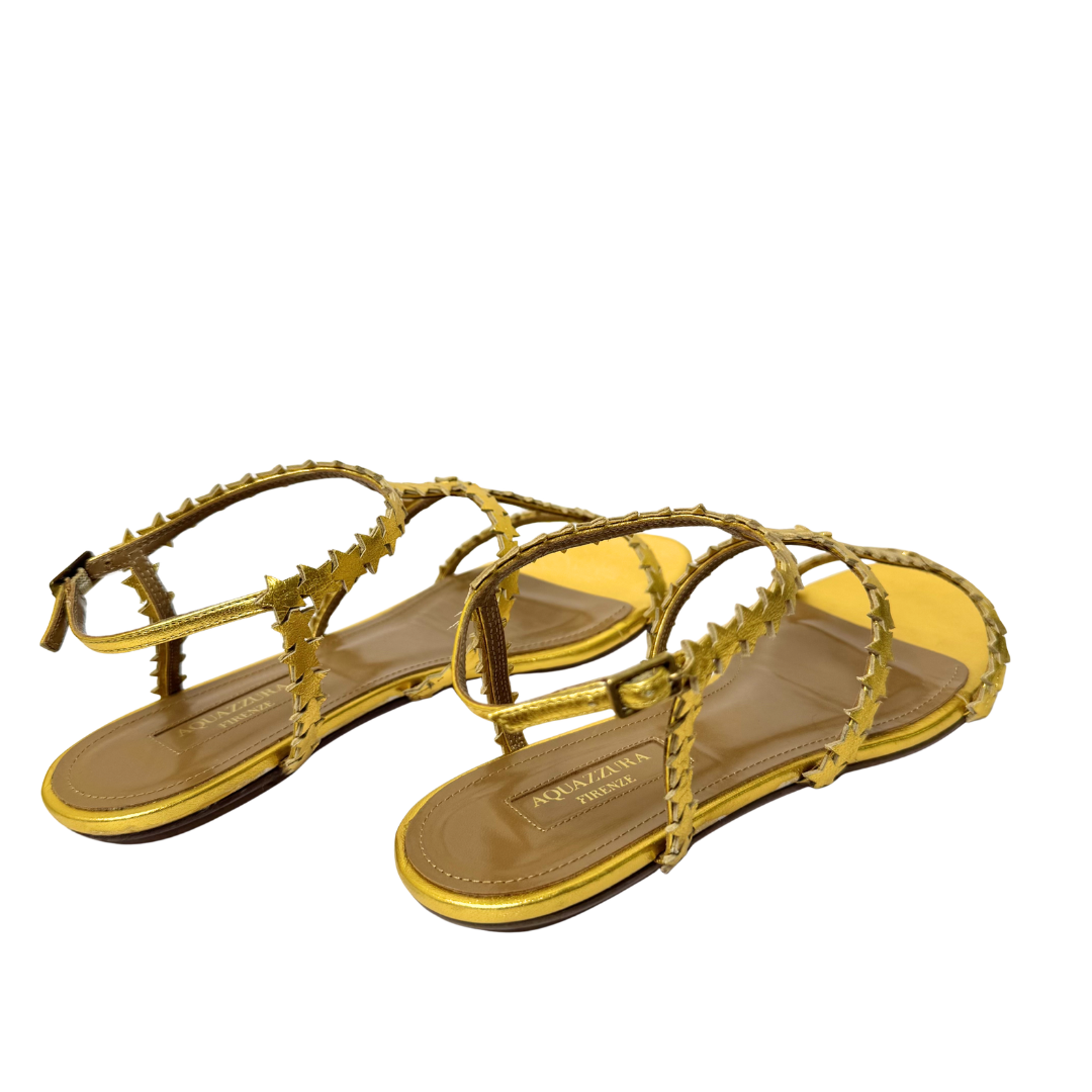 Aquazzura Starlight Gold Metallic Leather Sandals - Size 36.5