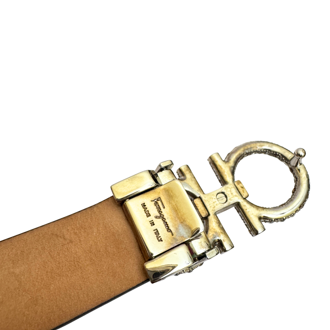 Salvatore Ferragamo Gancini Crystal Belt in Black Leather, Size 75cm