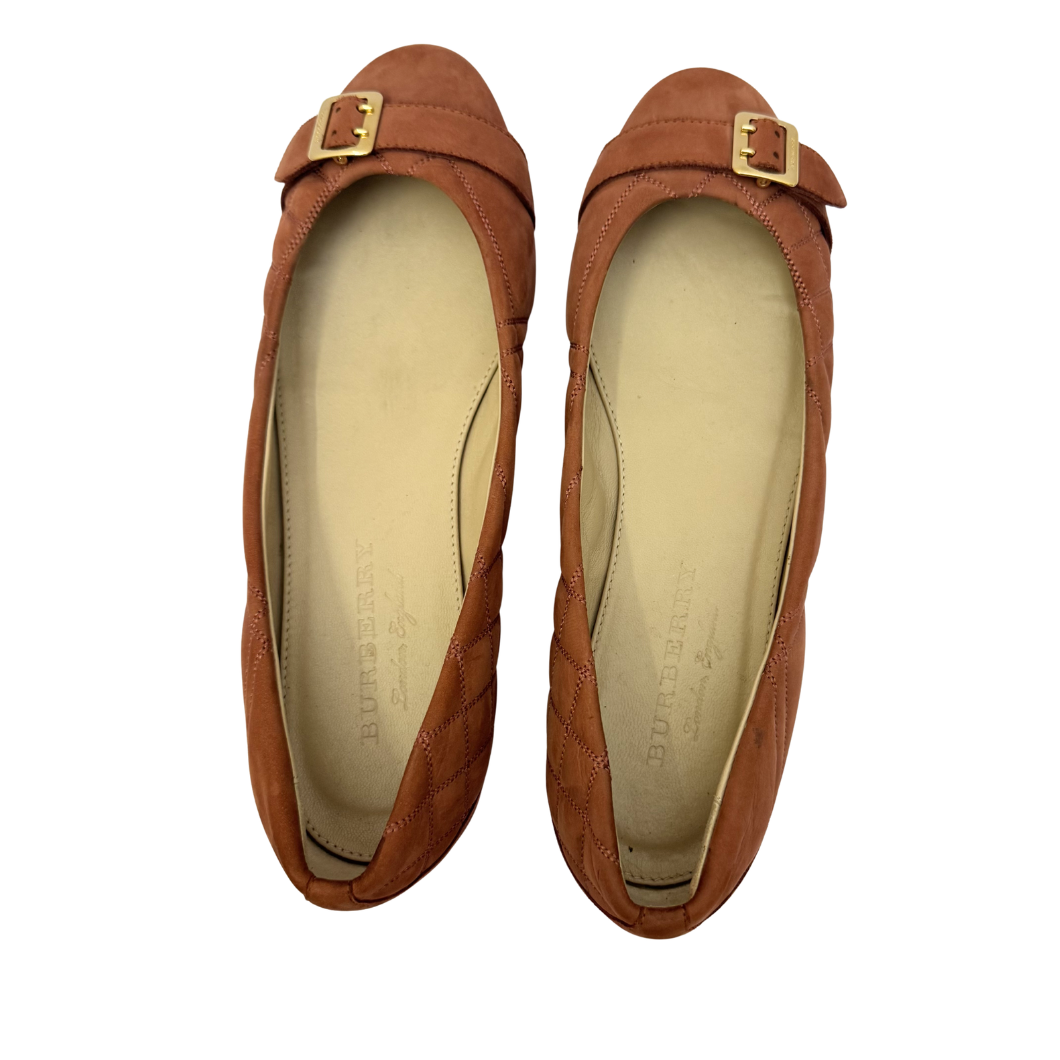 Burberry Quilted Suede Ballet Flats with Buckle Detail, Size 39