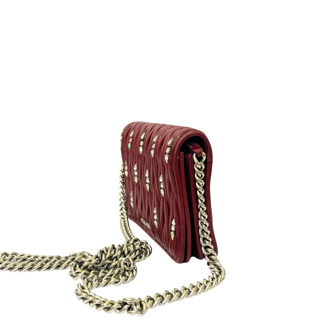Miu Miu Matelassé Wallet on Chain in Burgundy