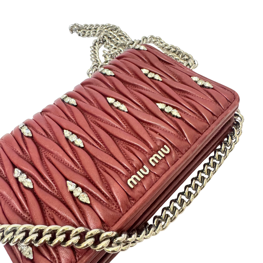 Miu Miu Matelassé Wallet on Chain in Burgundy
