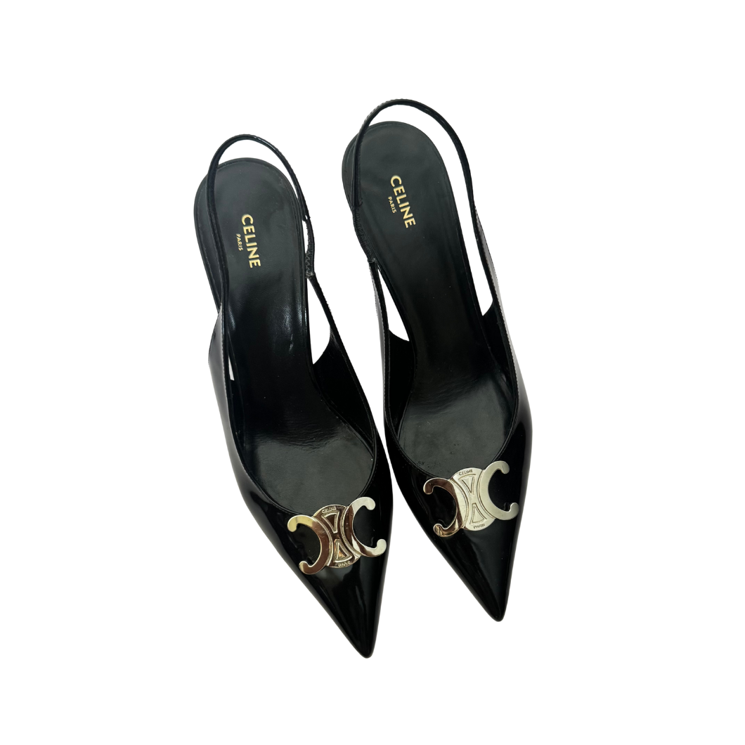 Celine Alma Triomphe Slingback Pumps in Black, Size 39
