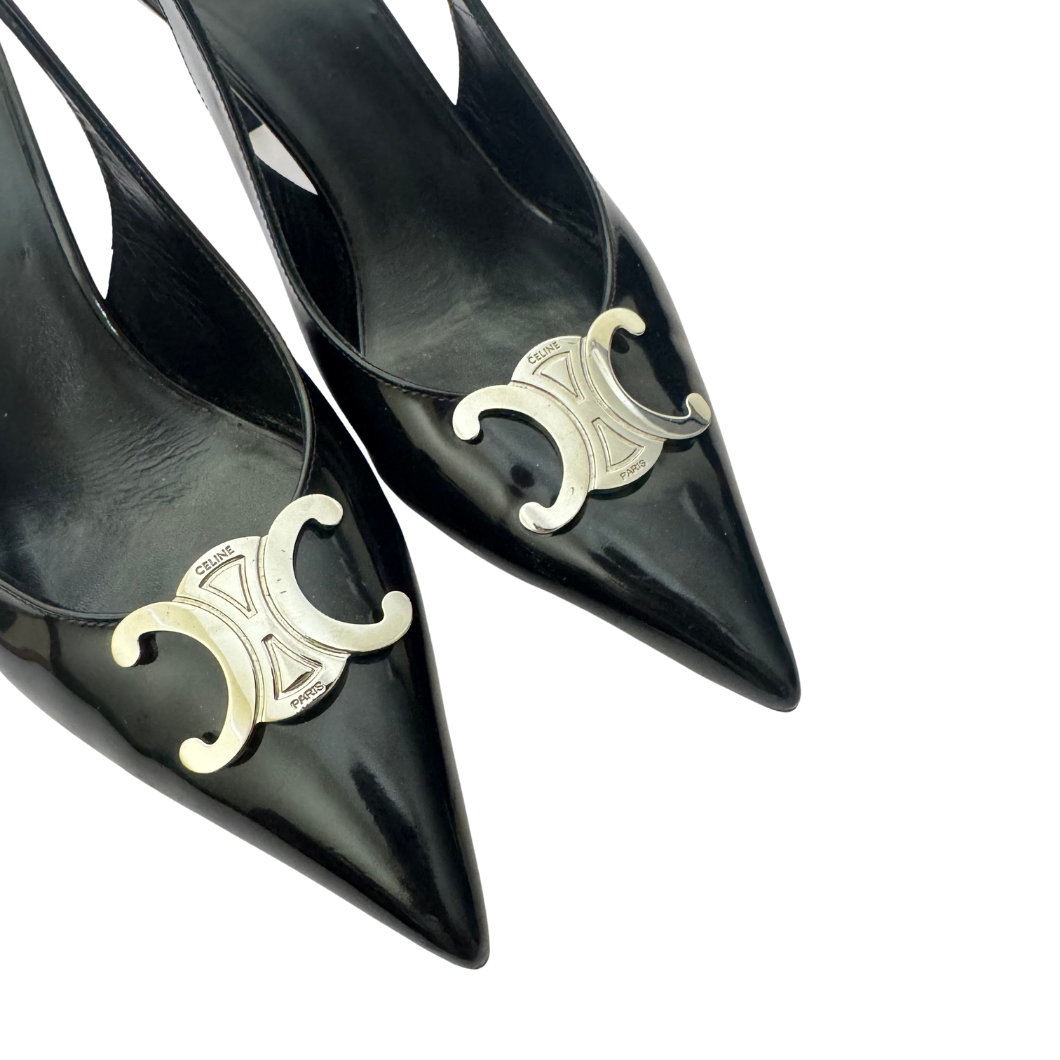 Celine Alma Triomphe Slingback Pumps in Black, Size 39