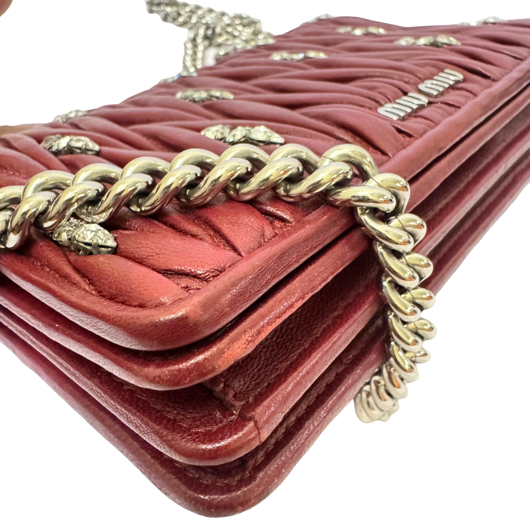 Miu Miu Matelassé Wallet on Chain in Burgundy
