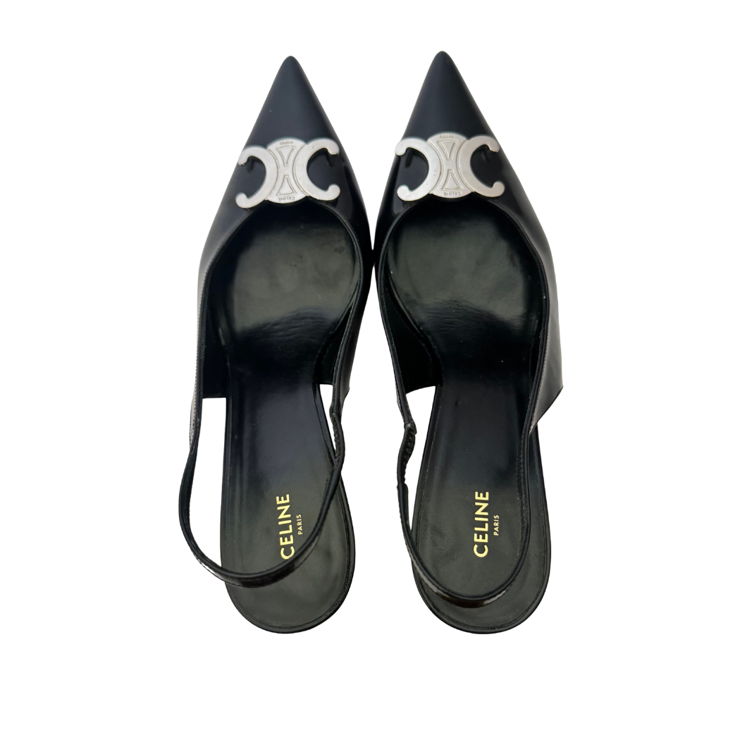 Celine Alma Triomphe Slingback Pumps in Black, Size 39