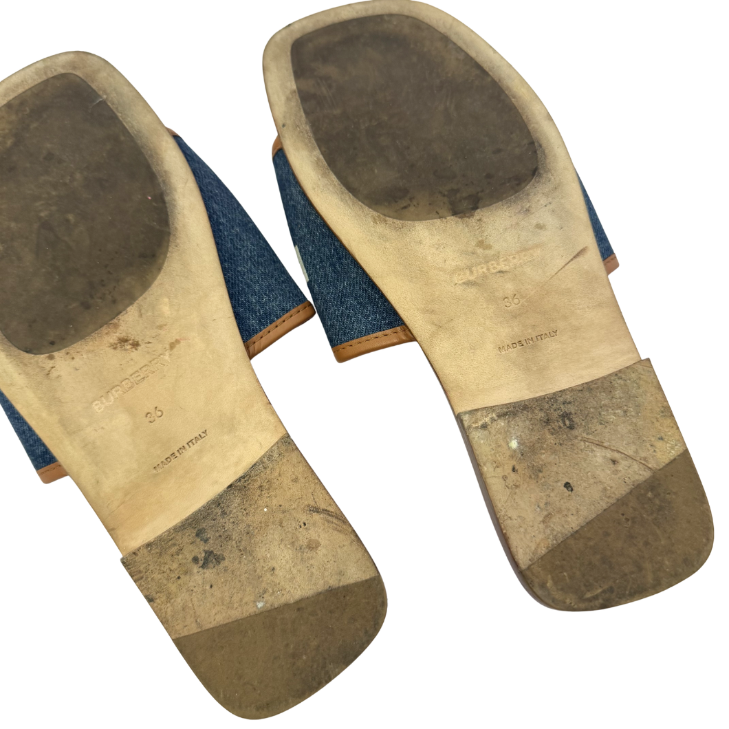 Burberry Check Denim Slides in Blue, Size 36