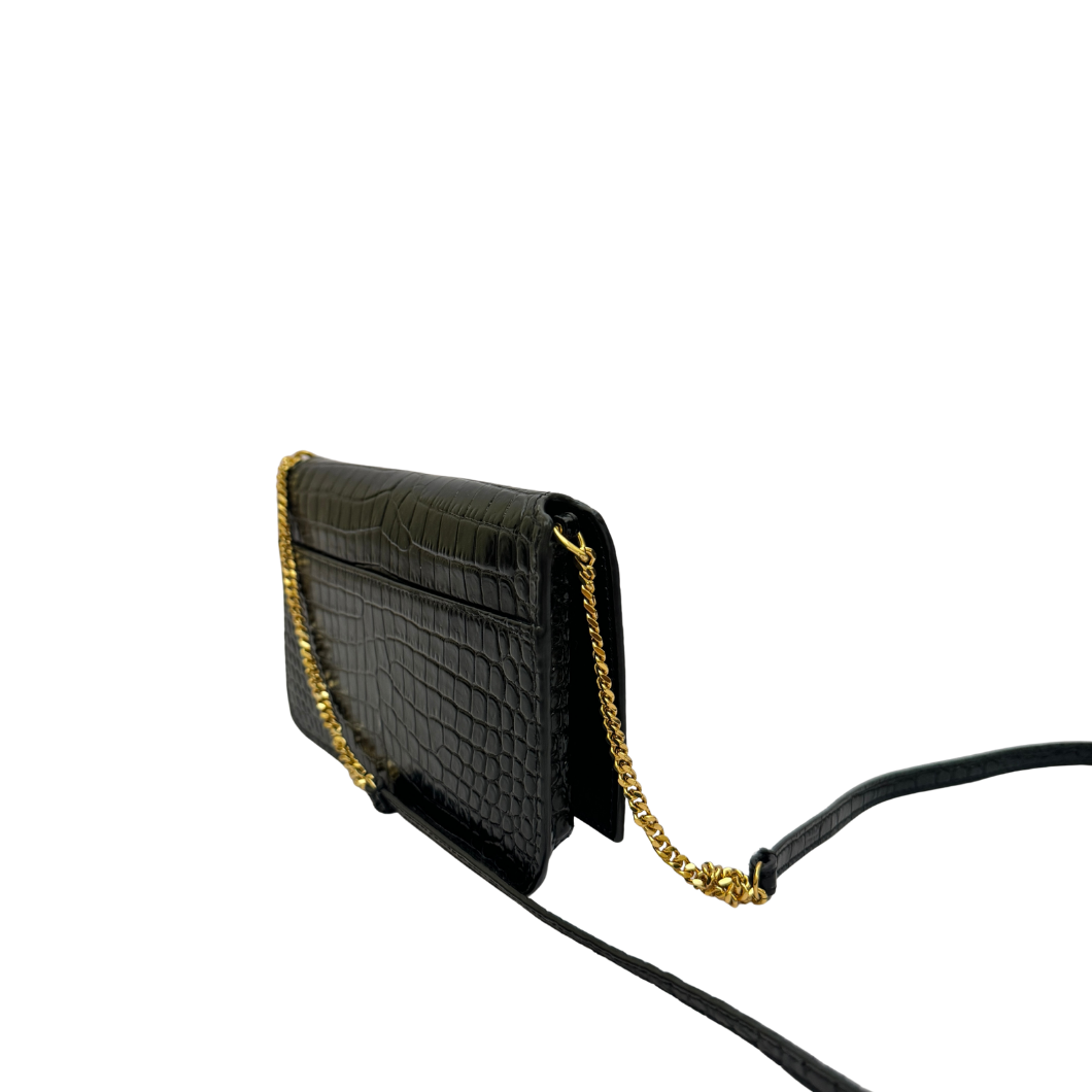 Saint Laurent Cassandre Phone Holder on Chain in Black Crocodile-Embossed Leather