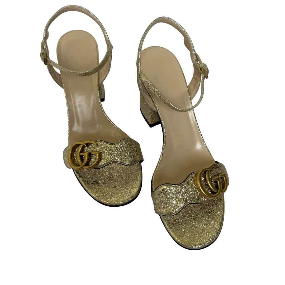 Gucci GG Gold Leather Scalloped Accent Sandals - Size 36