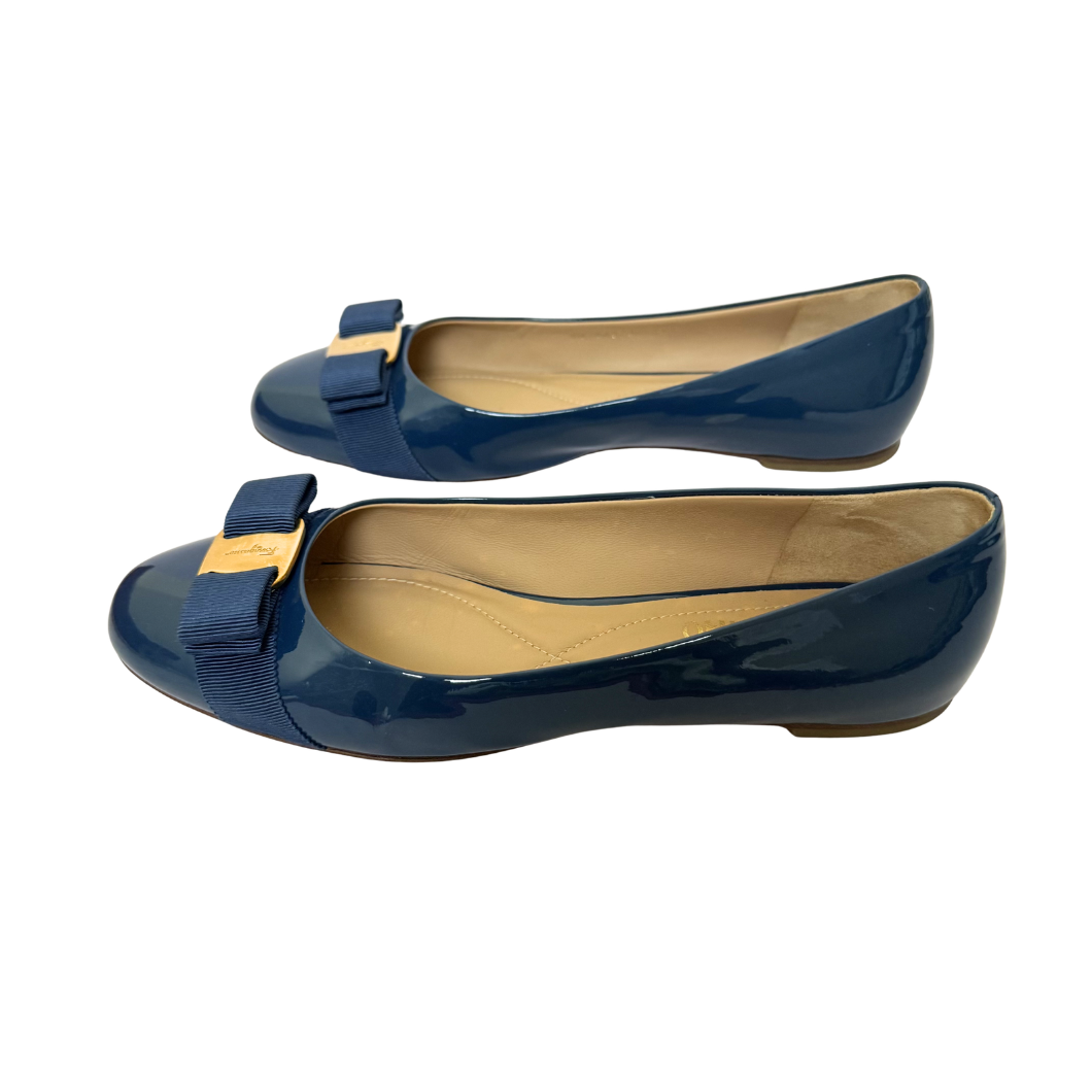 Salvatore Ferragamo Vara Bow Ballet Flats in Blue Patent Leather, Size 39