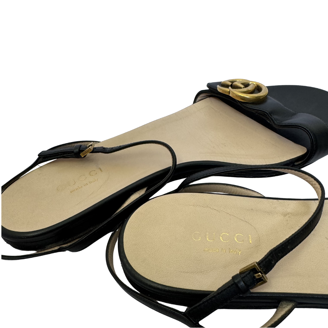 Gucci GG Marmont Flat Sandals in Black Leather - Size 39