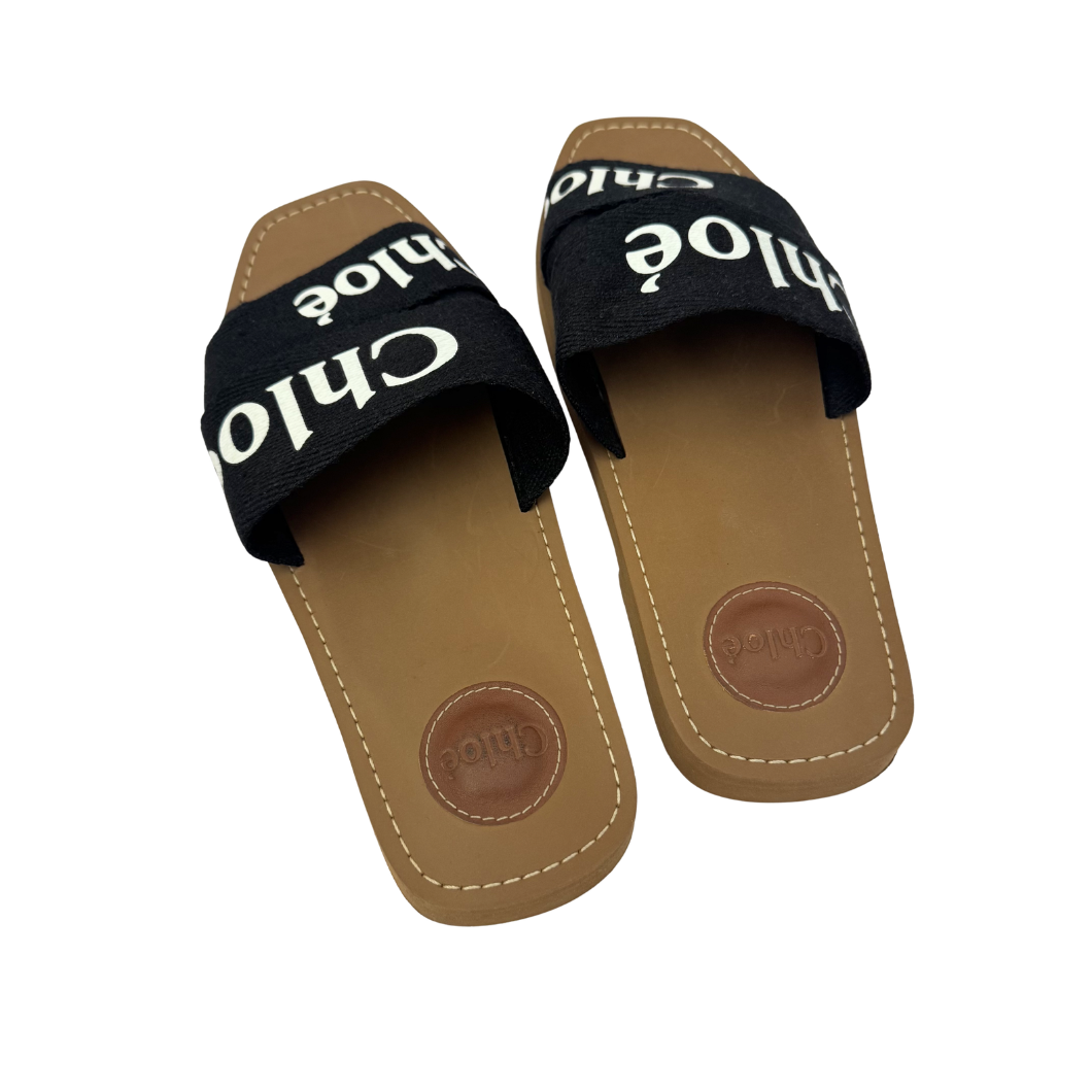 Chloé Woody Slides in Black Canvas, Size 39