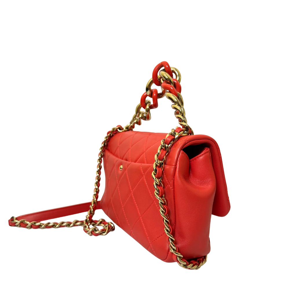 Chanel Flap Bag with Chunky Resin-Link Chain in Coral Red Lambskin