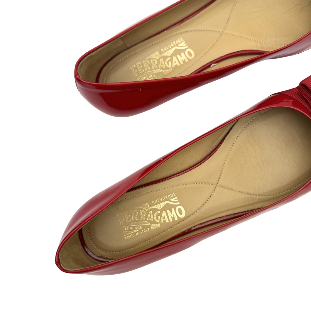 Salvatore Ferragamo Vara Bow Ballet Flats in Red Patent Leather, Size 39