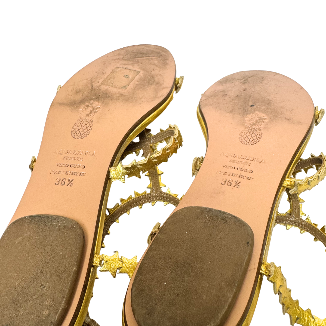 Aquazzura Starlight Gold Metallic Leather Sandals - Size 36.5