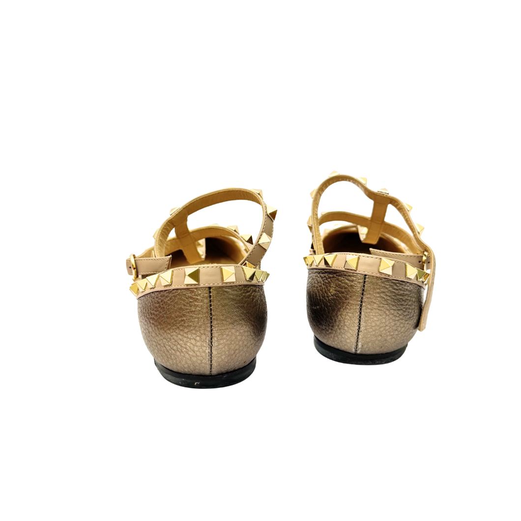Valentino Garavani Rockstud Caged Ballet Flats in Metallic Pewter, Size 39