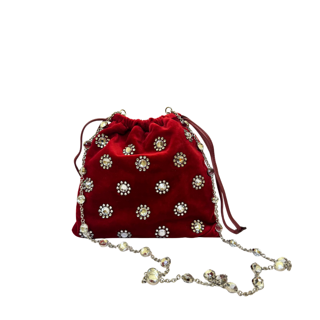 Miu Miu Crystal-Embellished Velvet Bucket Bag in Red