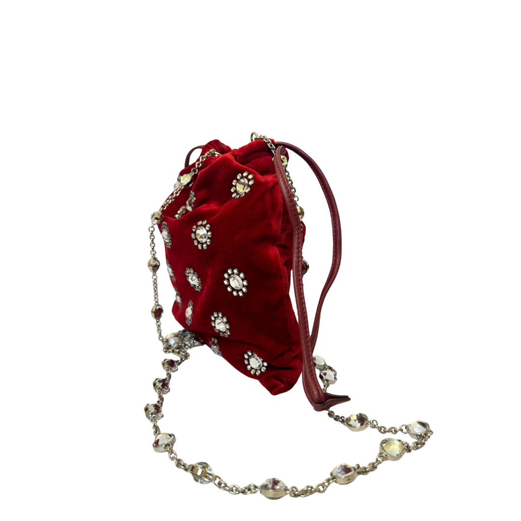 Miu Miu Crystal-Embellished Velvet Bucket Bag in Red