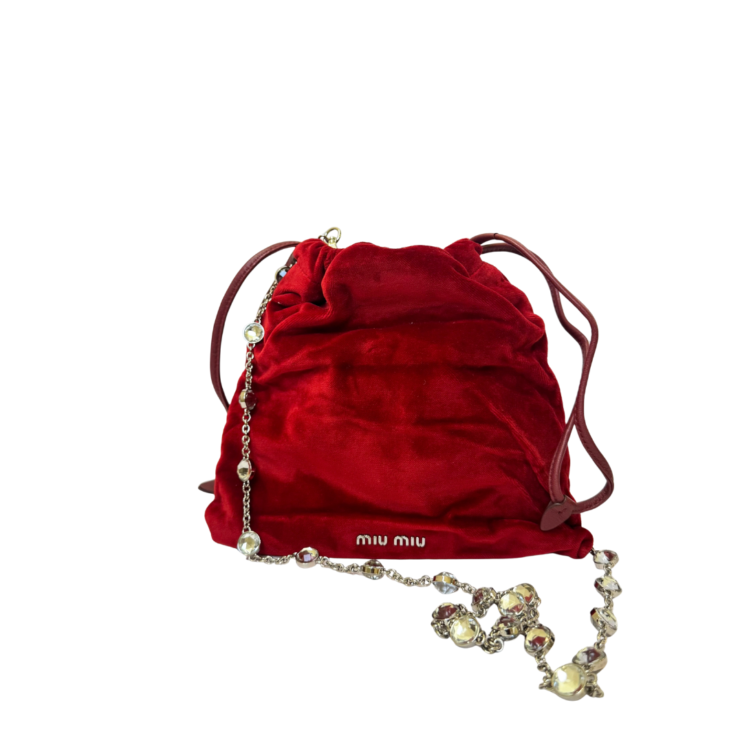Miu Miu Crystal-Embellished Velvet Bucket Bag in Red