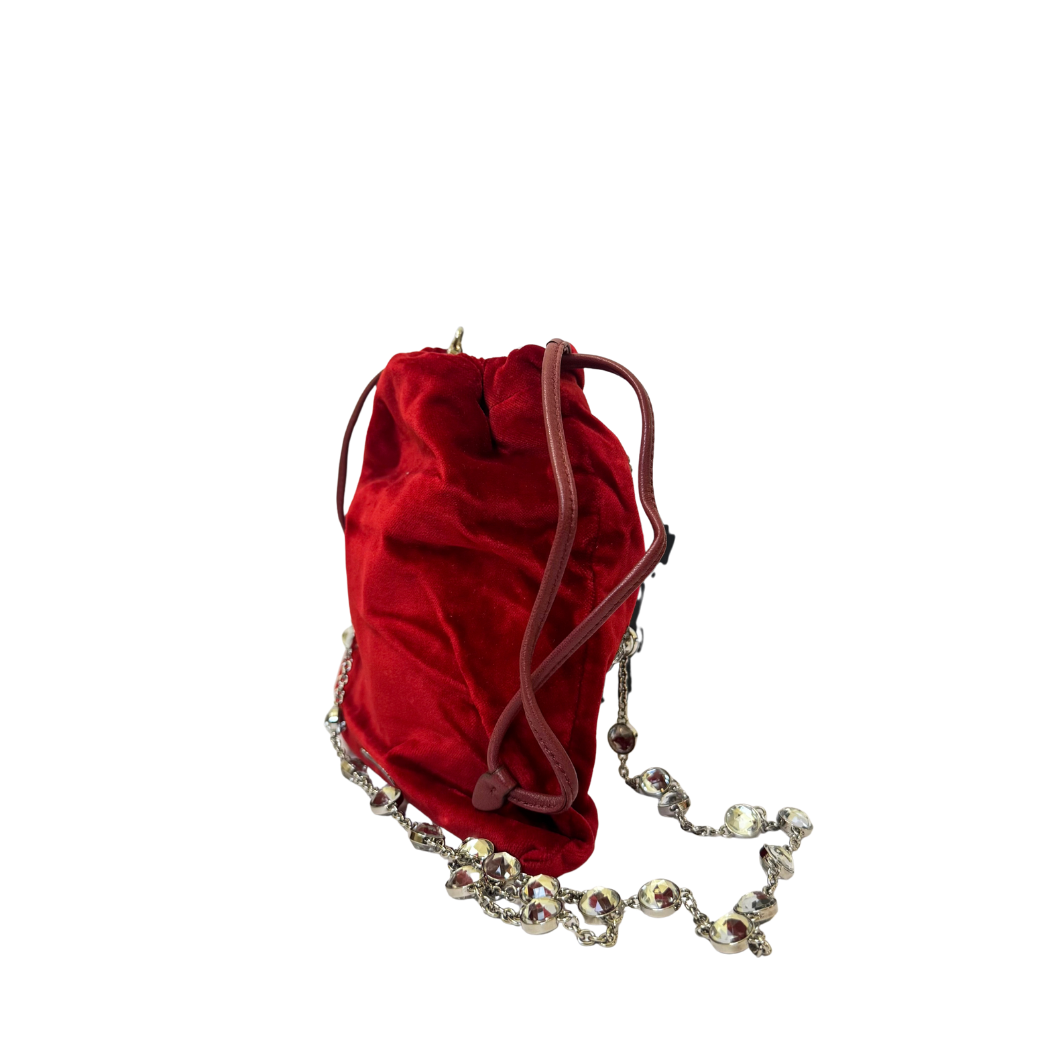 Miu Miu Crystal-Embellished Velvet Bucket Bag in Red