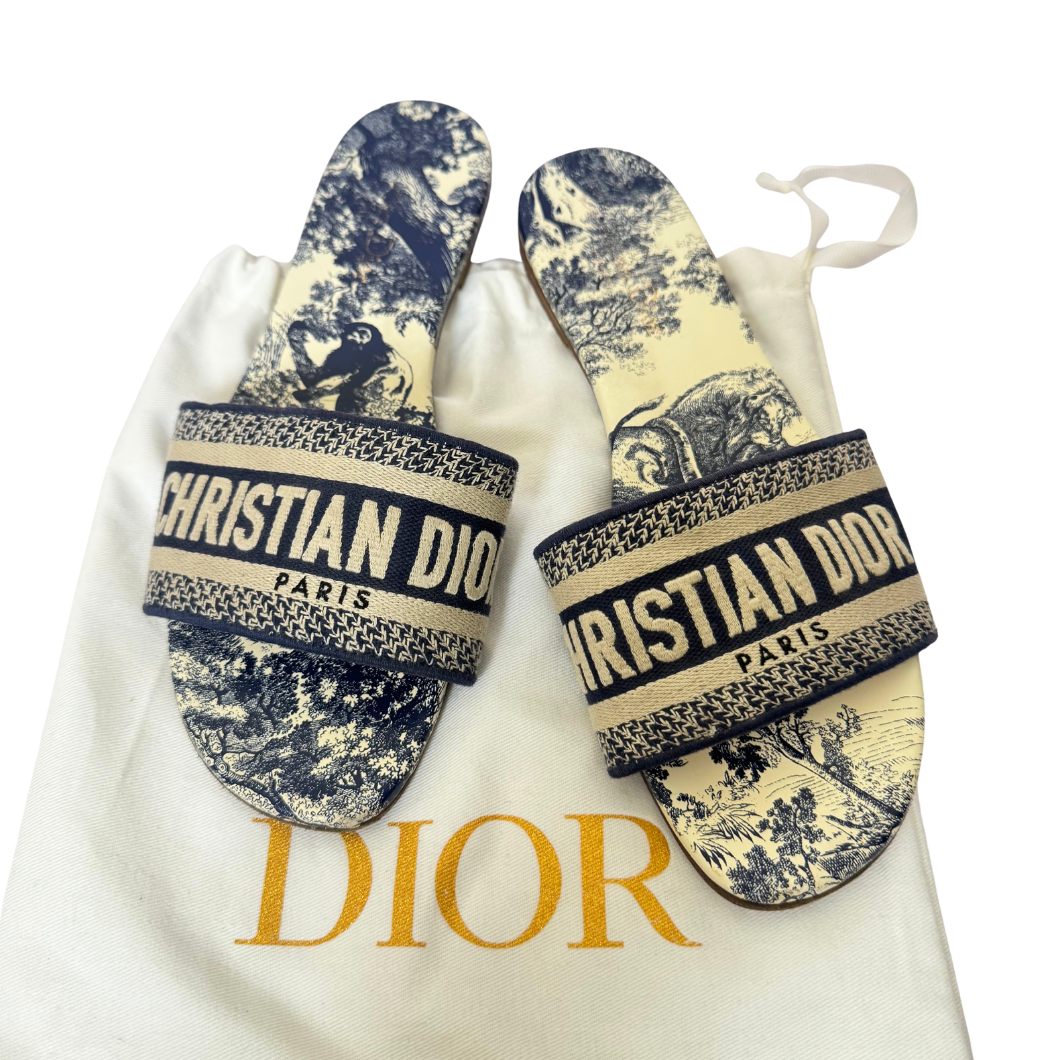Dior Dway Slide Sandals in Blue Toile de Jouy, Size 39