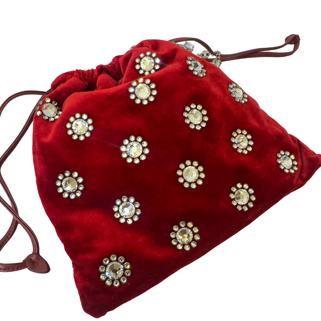 Miu Miu Crystal-Embellished Velvet Bucket Bag in Red