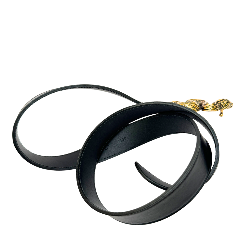 Roberto Cavalli Snake Buckle Belt in Black Leather, Size 100