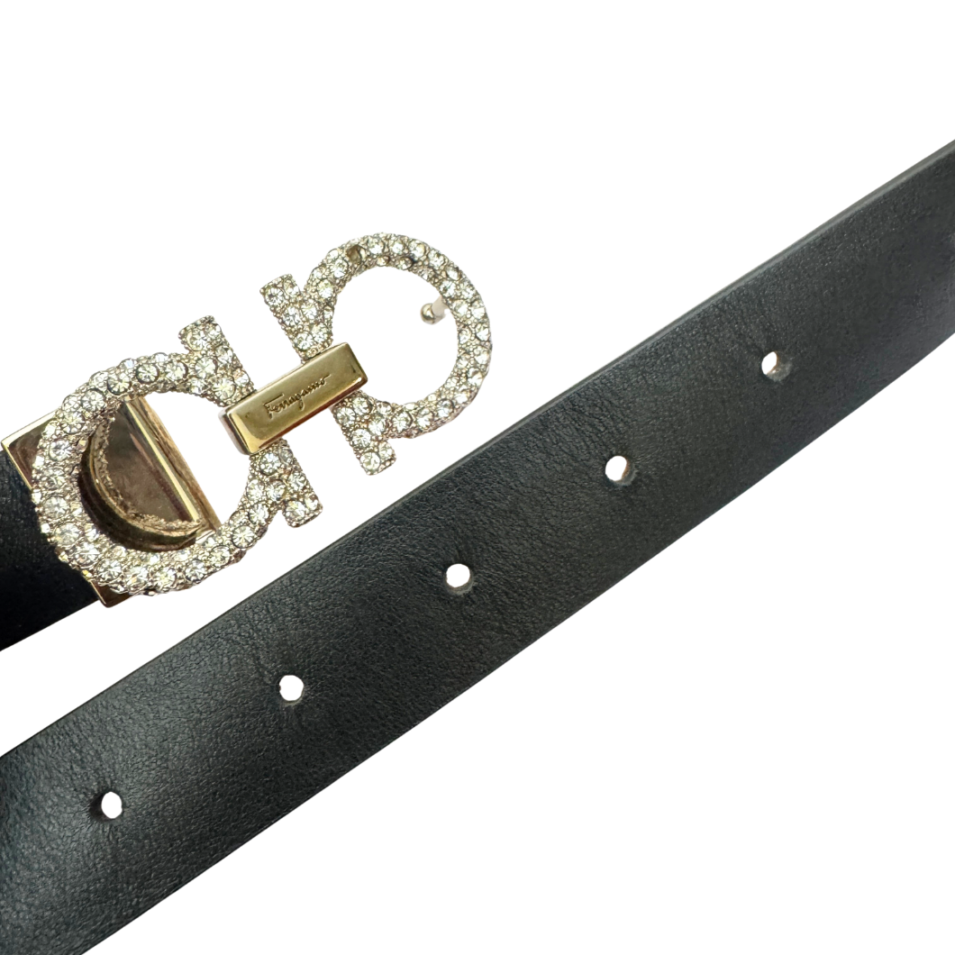 Salvatore Ferragamo Gancini Crystal Belt in Black Leather, Size 75cm